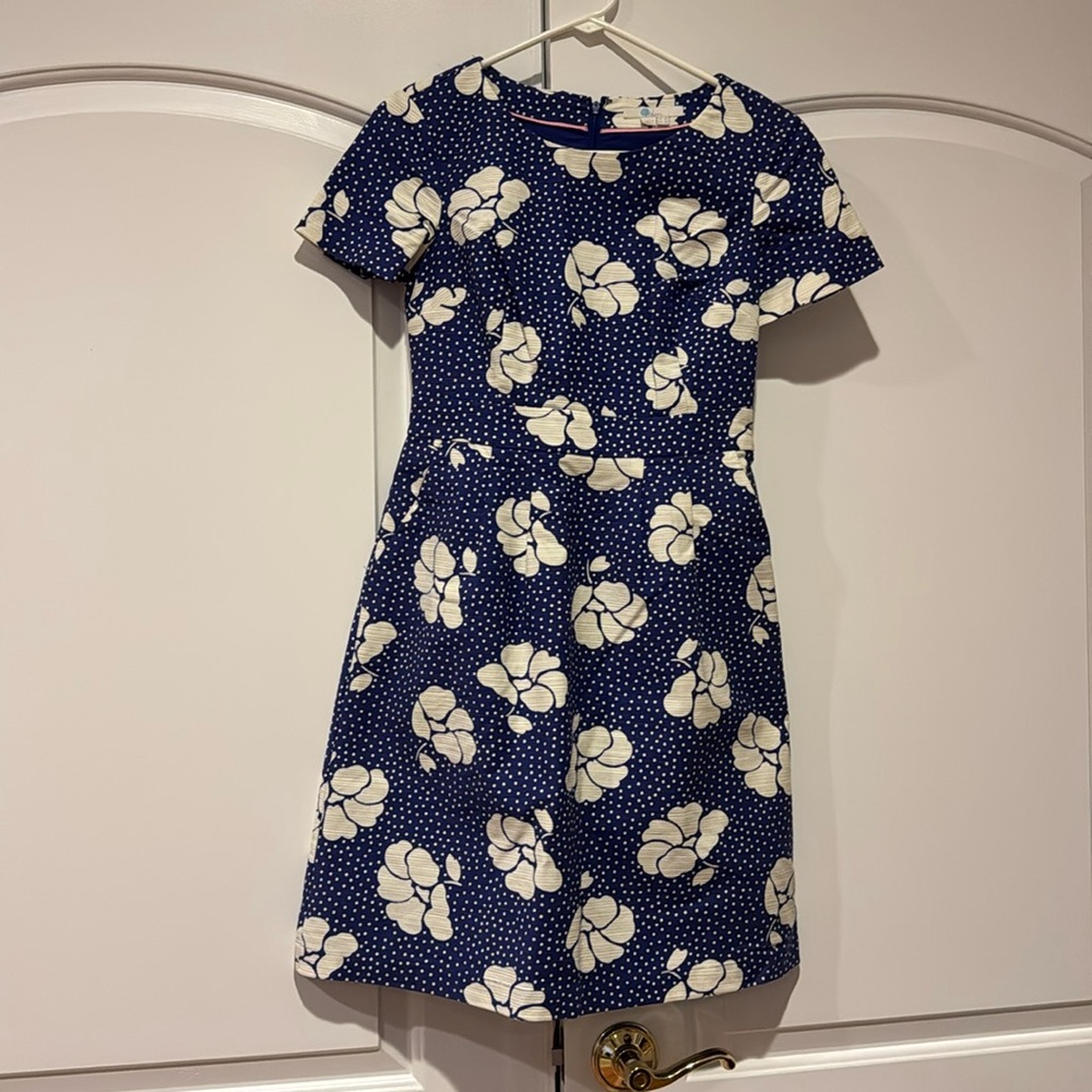 Midi blue dress with white flowers and polka dots